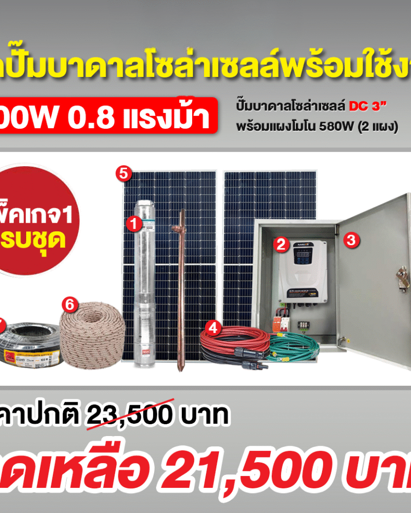 ชุดปั๊มบาดาลโซล่าเซลล์ DC 600W 3/1.25 นิ้ว + แผง MONO 580W (2แผง) + ชุด ตู้ปั๊มโซล่าเซลล์