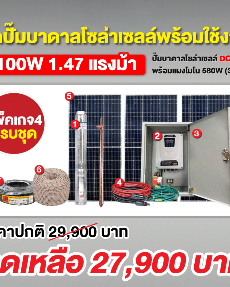 ชุดปั๊มบาดาลโซล่าเซลล์ DC 1100W 4/2 นิ้ว + แผง MONO 580W (3แผง) + ชุด ตู้ปั๊มโซล่าเซลล์