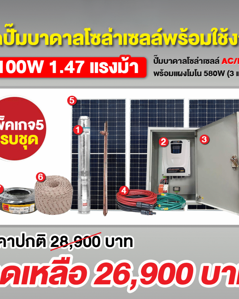 ชุดปั๊มบาดาลโซล่าเซลล์ AC/DC 1100W 4/2 นิ้ว + แผง MONO 580W (3แผง) + ชุด ตู้ปั๊มโซล่าเซลล์