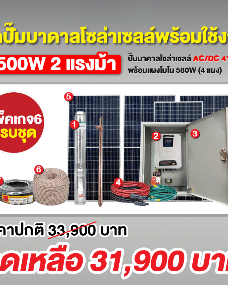 ชุดปั๊มบาดาลโซล่าเซลล์ AC/DC 1500W 4/2 นิ้ว + แผง MONO 580W (4แผง) + ชุด ตู้ปั๊มโซล่าเซลล์