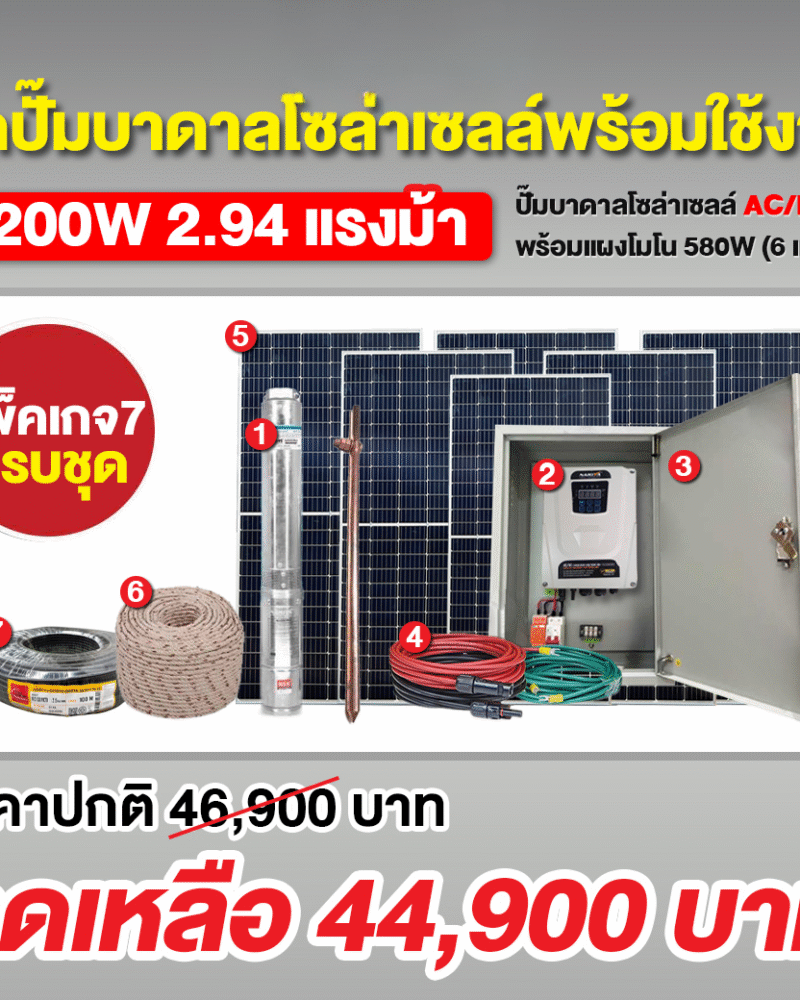 ชุดปั๊มบาดาลโซล่าเซลล์ AC/DC 2200W 4/2 นิ้ว + แผง MONO 580W (6แผง) + ชุด ตู้ปั๊มโซล่าเซลล์