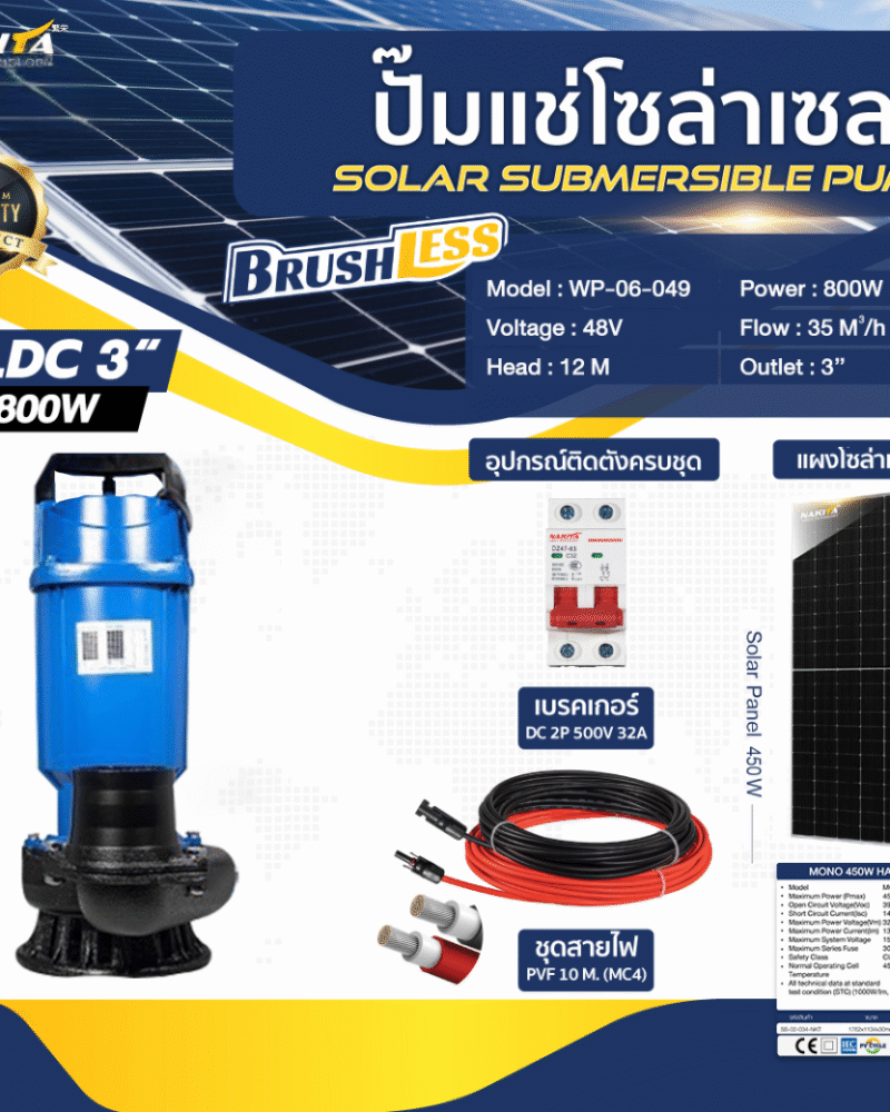 ปั๊มแช่อลูมิเนียม รุ่นสีน้ำเงิน 800W (ท่อ 3 นิ้ว) + เเผงโซล่าเซลล์ 450W (2 แผง)